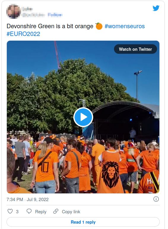 Twitter post showing Dutch fans gathering in Devonshire Green, wearing orange shirts