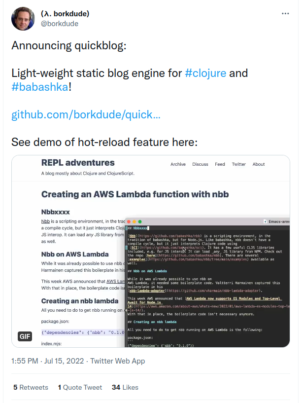 Tweet with demo of blog rendering. Tweet reads: Announcing quickblog, a
light-weight static blog engine for Clojure and Babashka!
