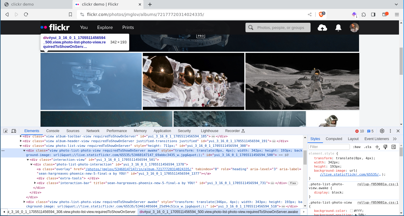 Web browser inspector with a photo div highlighted on Flickr