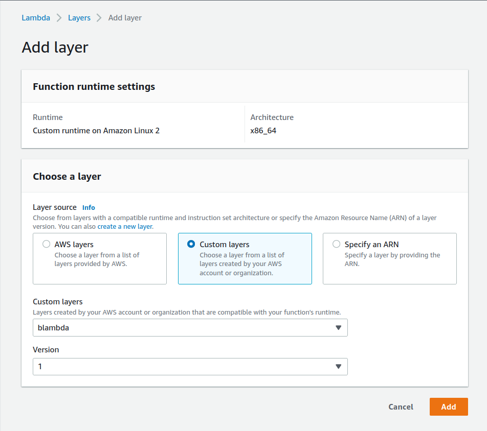 AWS Lambda console add layer page showing selecting a custom layer named 'blambda'