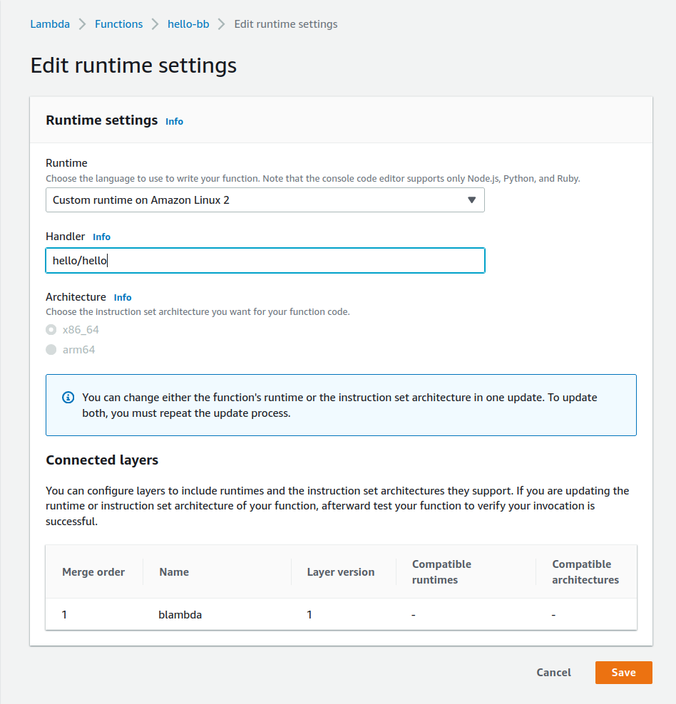 AWS Lambda console edit runtime settings page showing setting the handler to 'hello/hello'