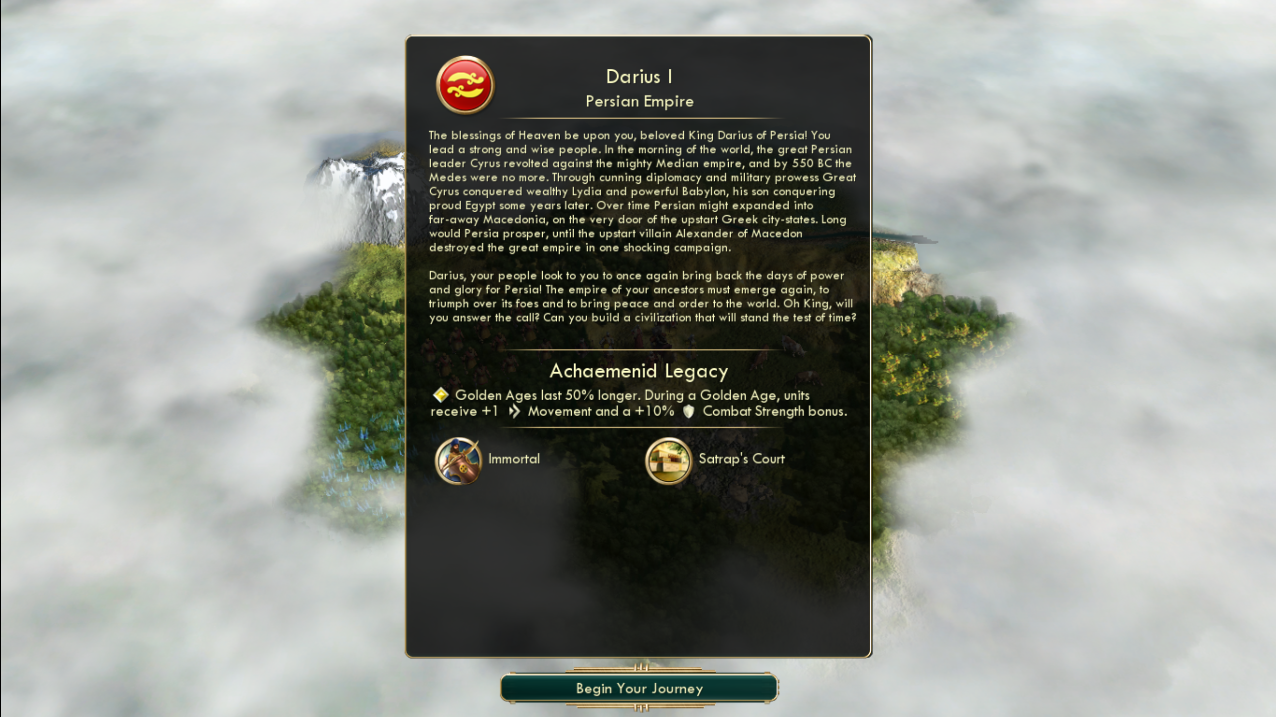 Screenshot of the Civ V opening screen, playing as Darius I of Persia