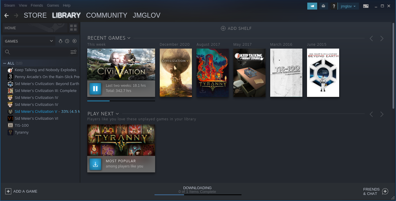 Screenshot of my Steam library, with Civ V finally downloading