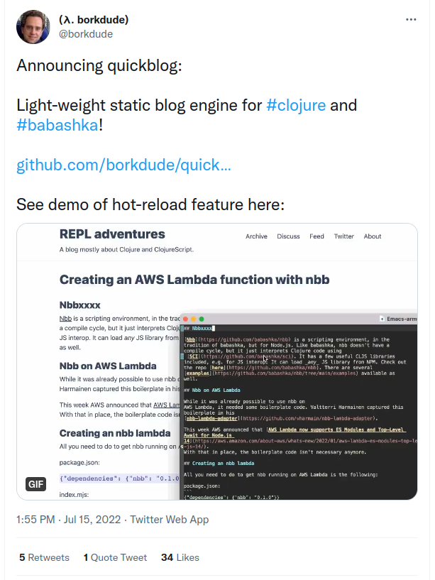 Tweet with demo of blog rendering. Tweet reads: Announcing quickblog, a light-weight static blog engine for Clojure and Babashka!