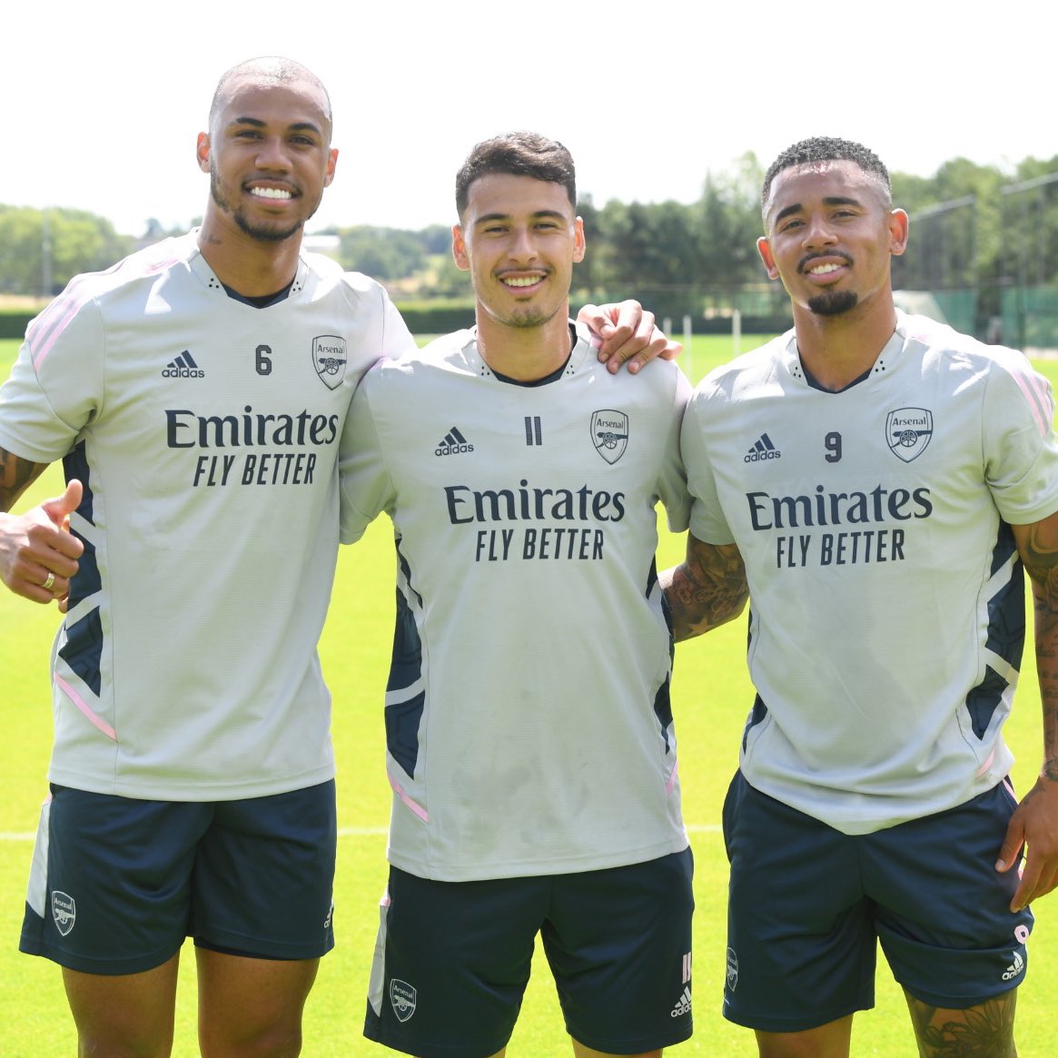 Gabriel Magalhães, Gabriel Martinelli, and Gabriel Jesus standing together in
white Arsenal training tops