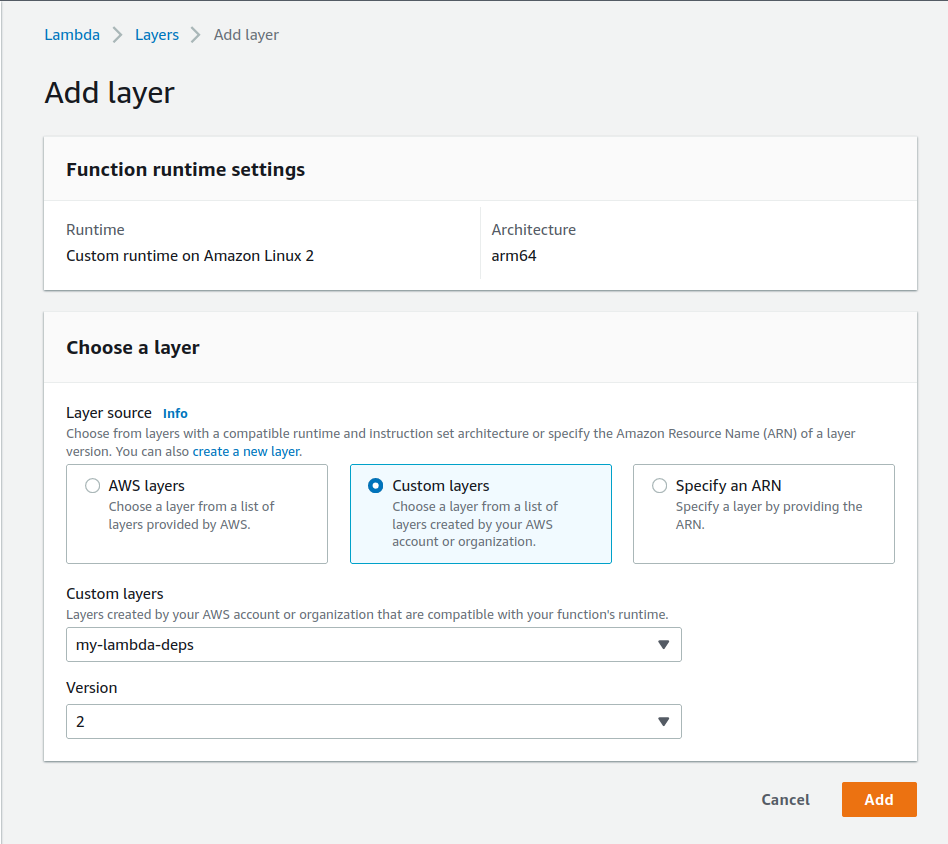 AWS Lambda console showing add layer dialog with deps layer selected