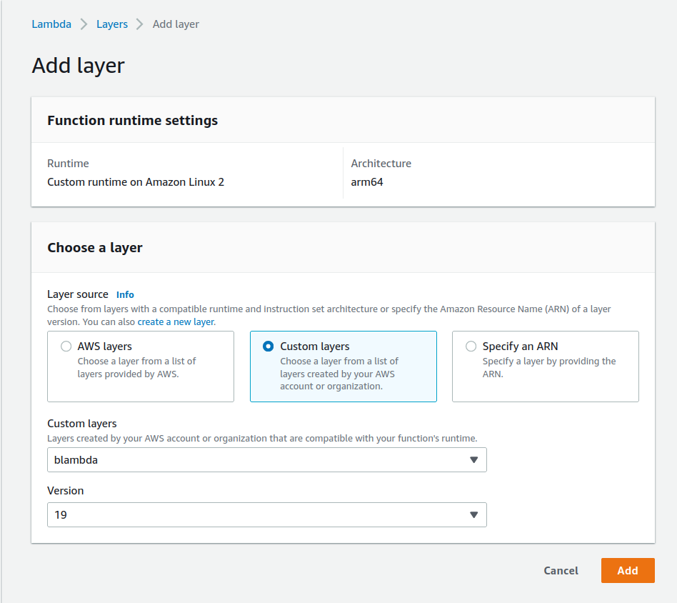 AWS Lambda console showing add layer dialog with Blambda layer selected