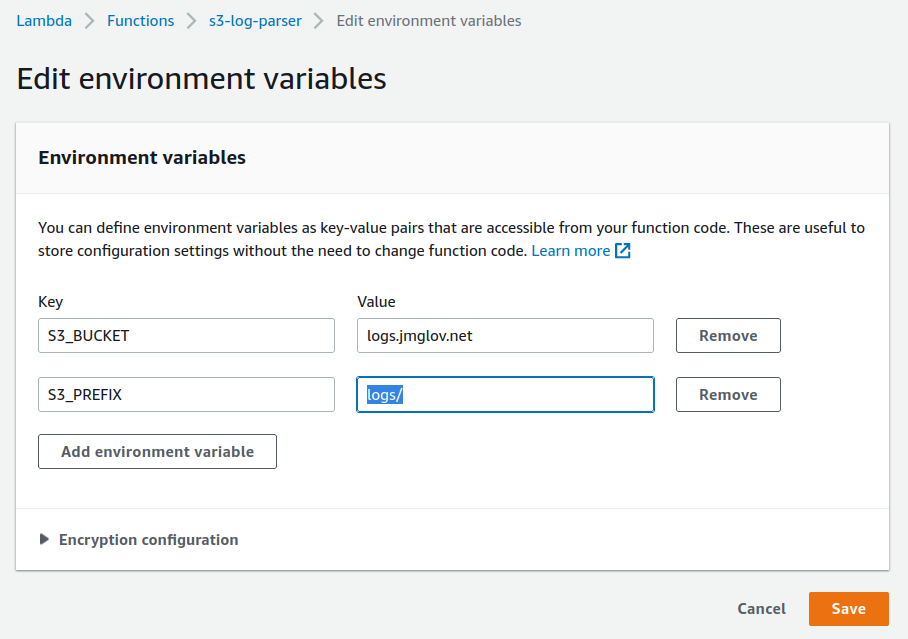 Screenshot of the Edit environment variables page in the Lambda
console