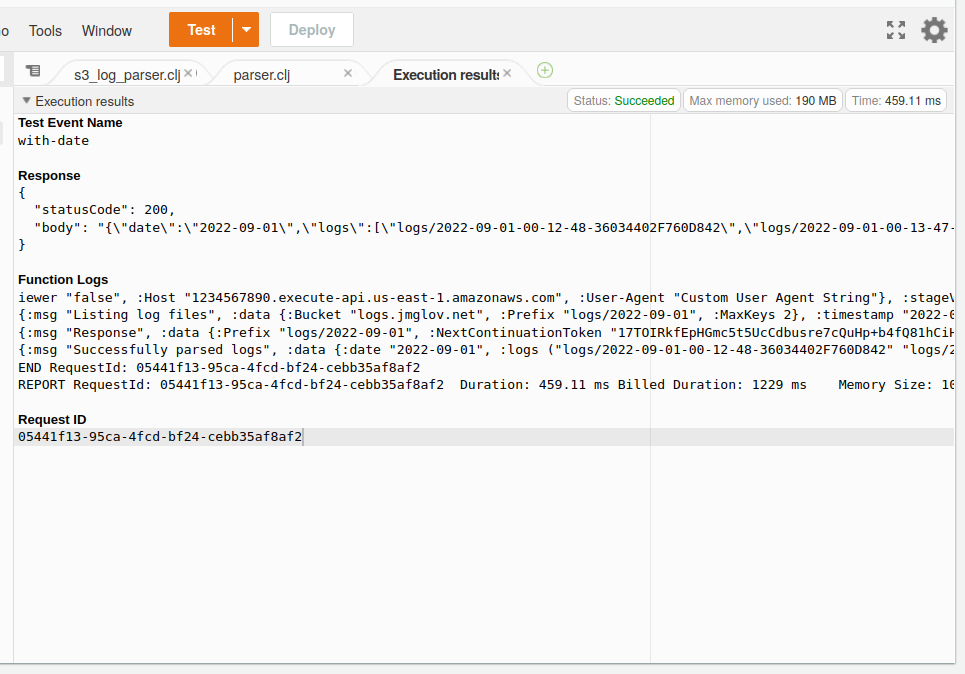 Screenshot of the AWS Lambda console showing a test result with parsed
lines