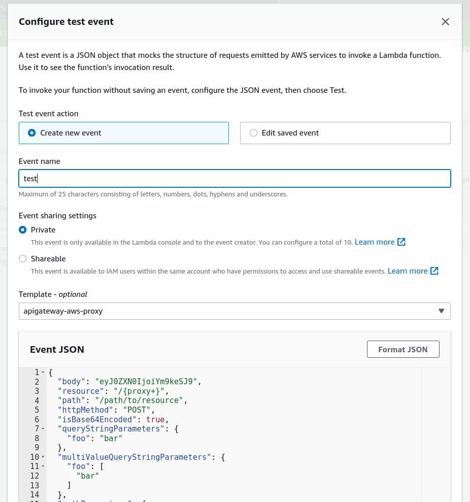Screenshot of the Configure test event window in the Lambda
console