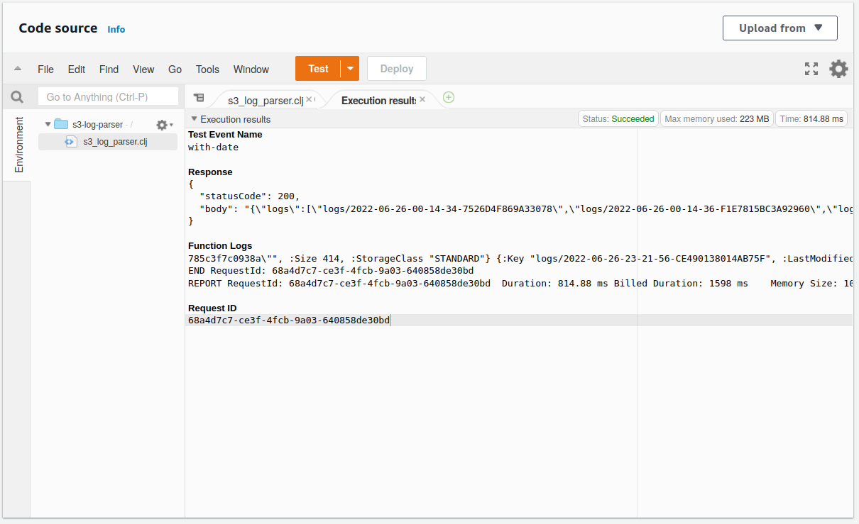 Screenshot of the Execution results tab in the Lambda
console