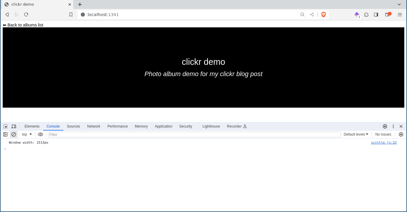 The album webpage, displaying 'Window width: 1362px' in the JavaScript console