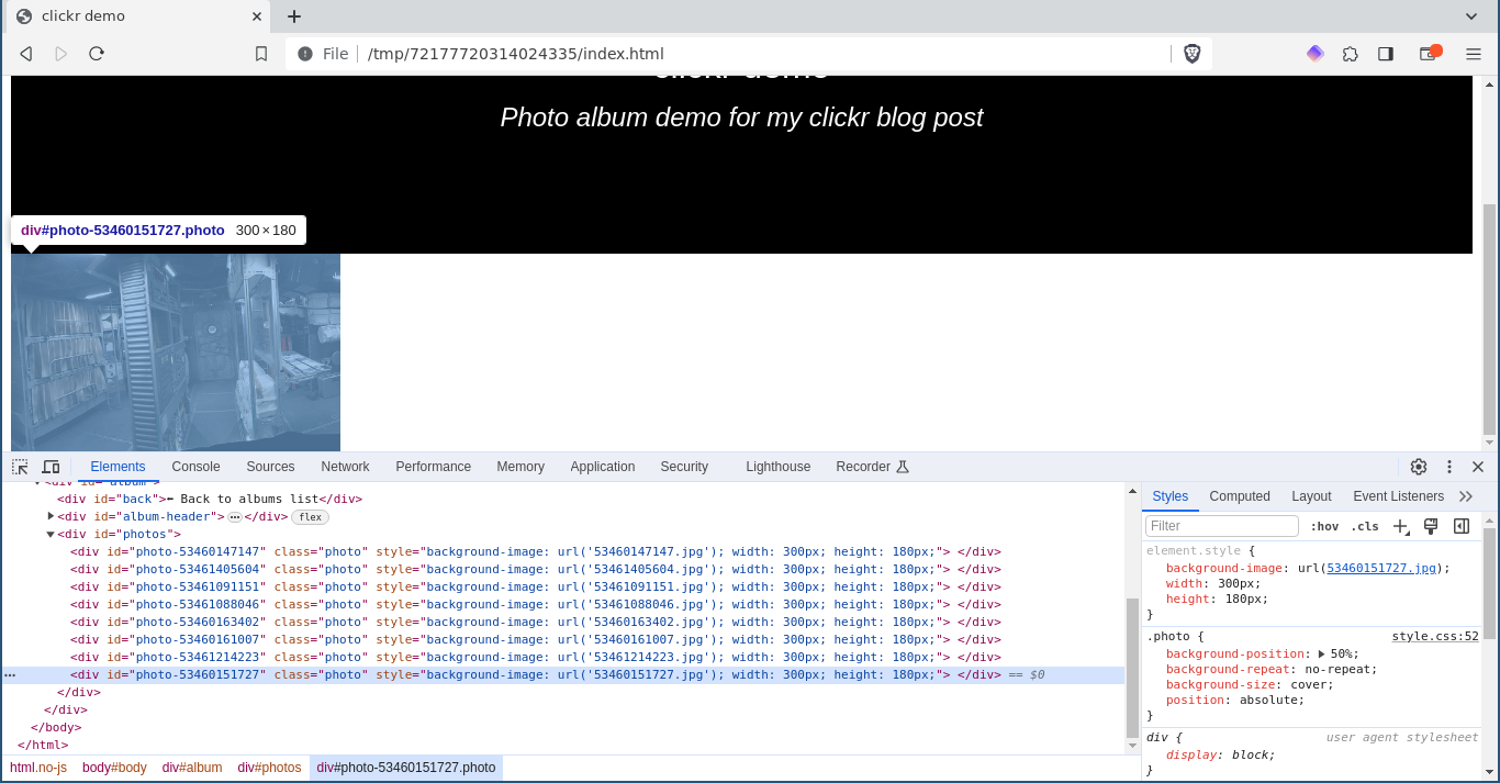 The album webpage with only one visible photo