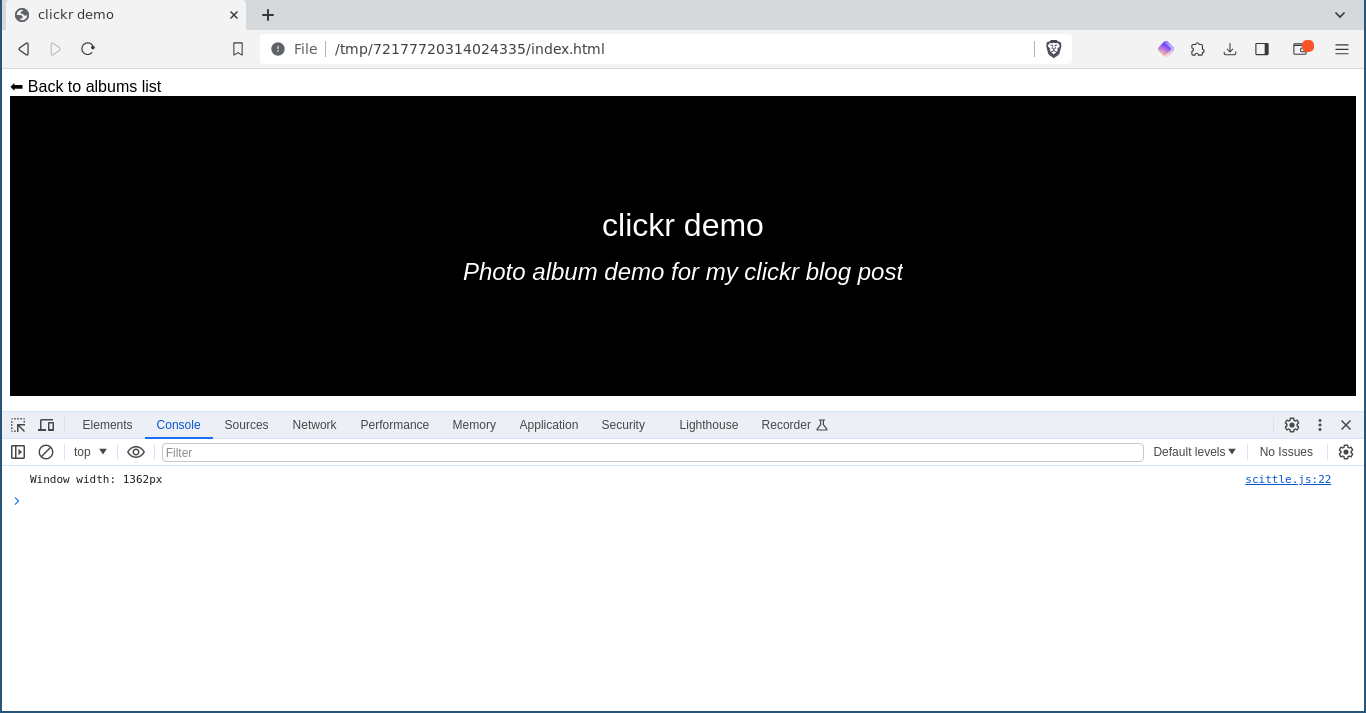 The album webpage, displaying 'Window width: 1362px' in the JavaScript console