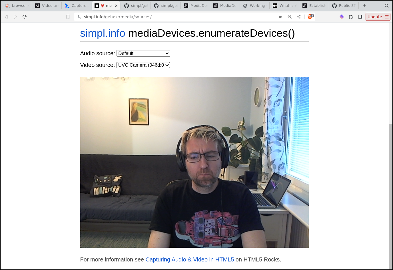 Screenshot of a browser window showing Sam Dutton's mediaDevices demo