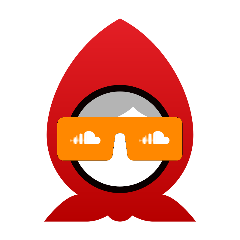 A logo of a face wearing a red hoodie with orange sunglasses featuring the Soundcloud logo