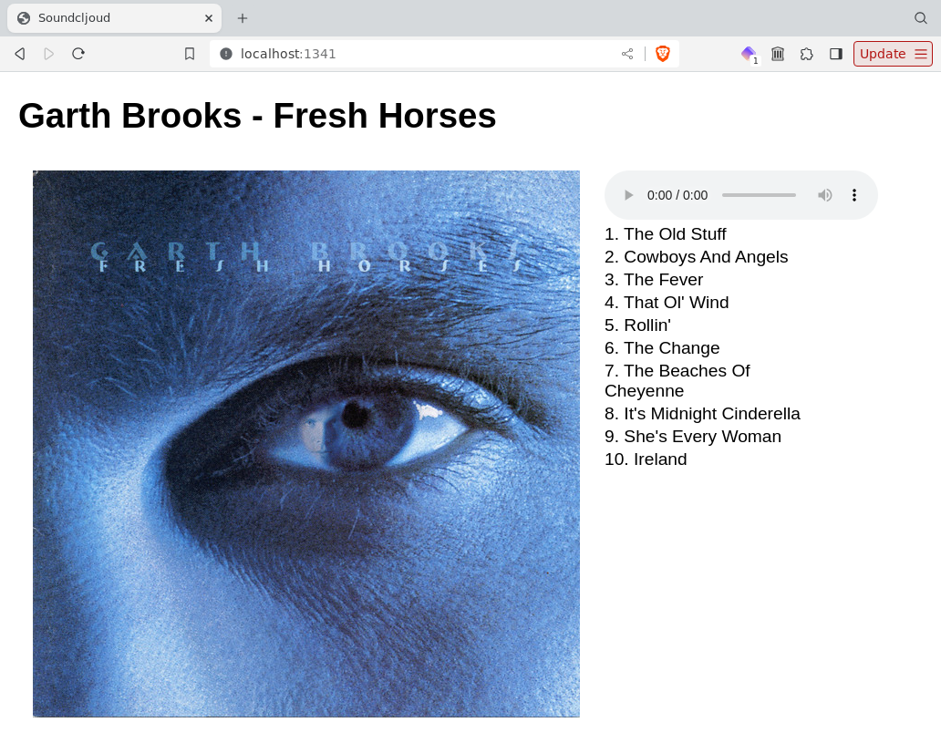 Screenshot of a web browser window with the album art for Fresh Horses, an audio player, and a list of tracks