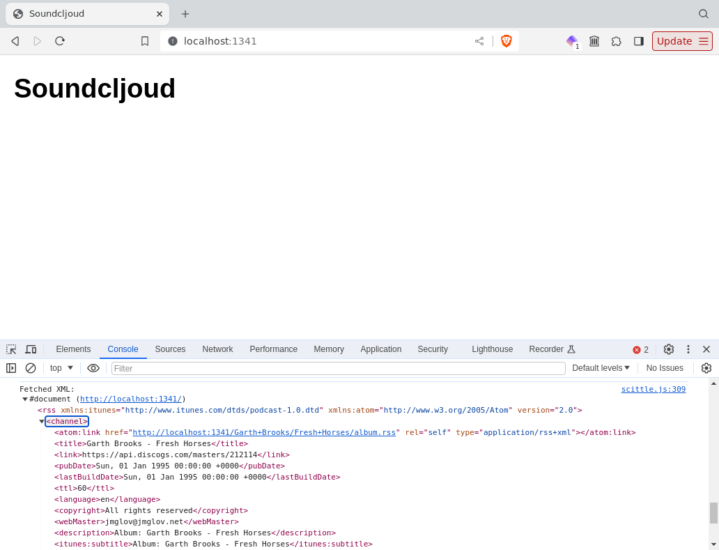 Screenshot of a web browser window with an XML document in the JS console