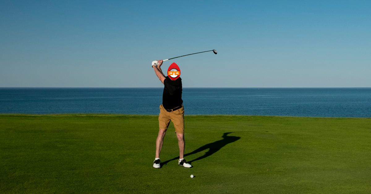 A golfer with the Soundcljoud logo as their head about to hit a shot; Photo by Andrew Rice on Unsplash