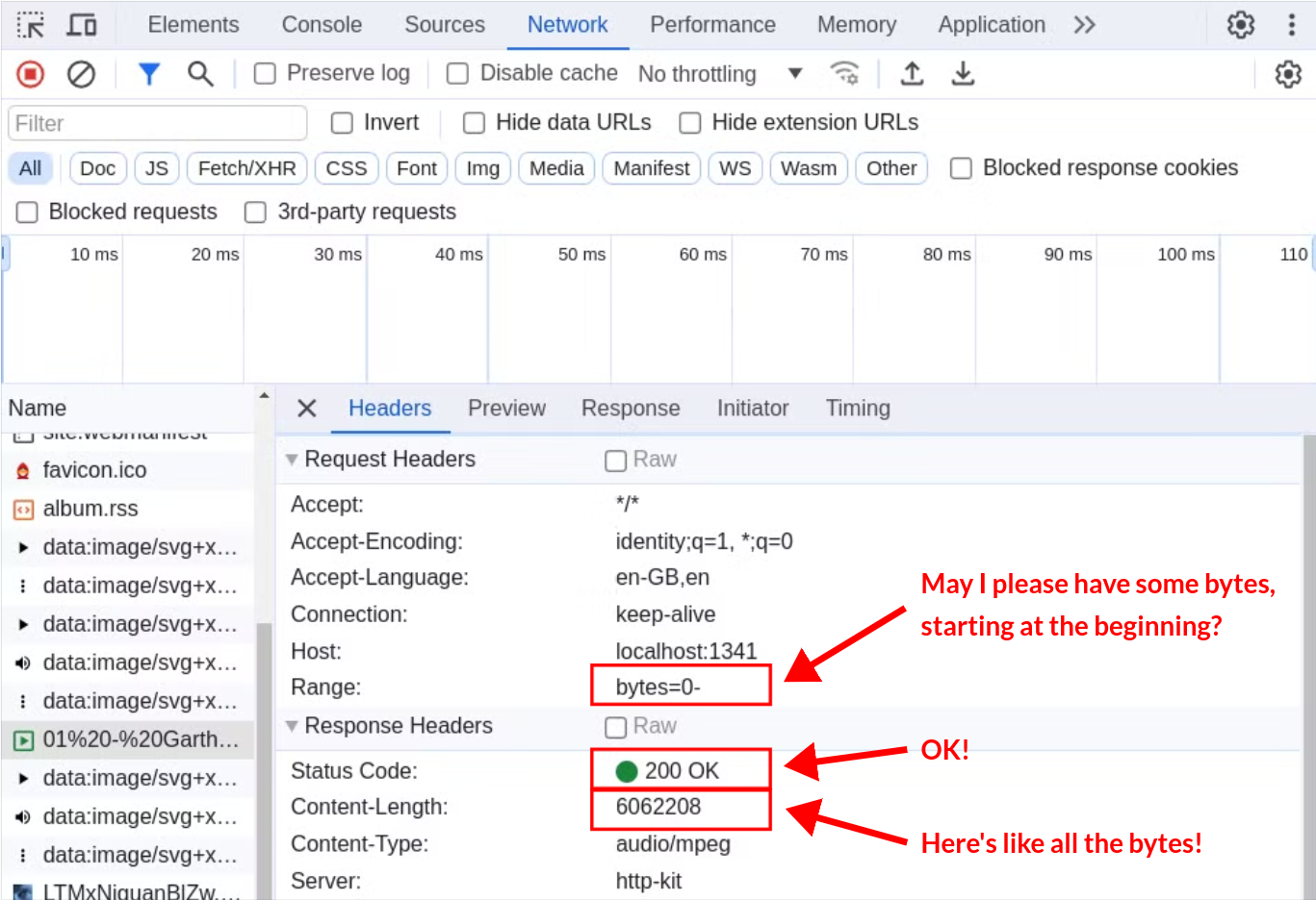 Browser developer tools, showing the network request and response for the MP3 file