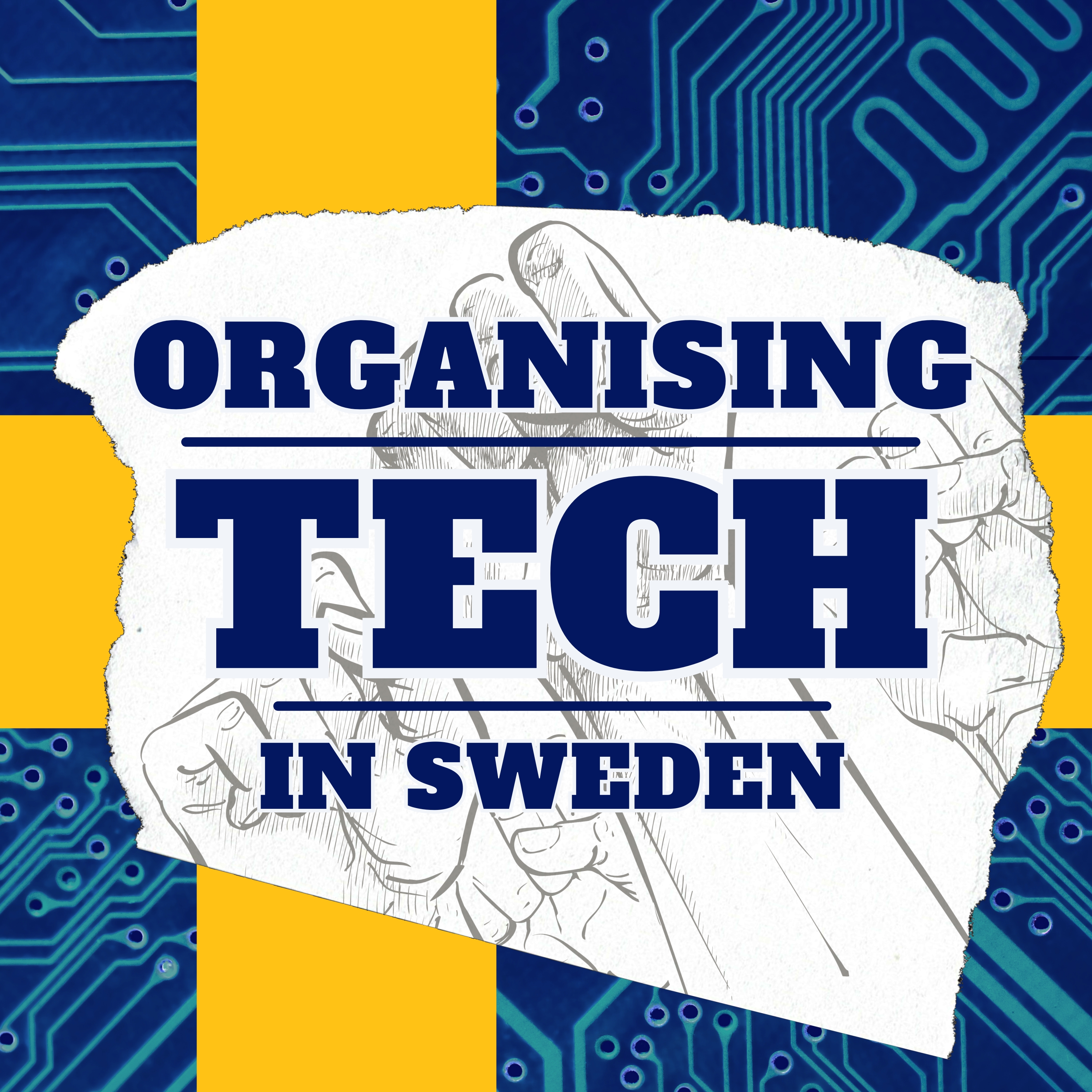 The words 'Organising Tech in Sweden' superimposed on raised fists with a Swedish flag with a circuit board pattern in the background