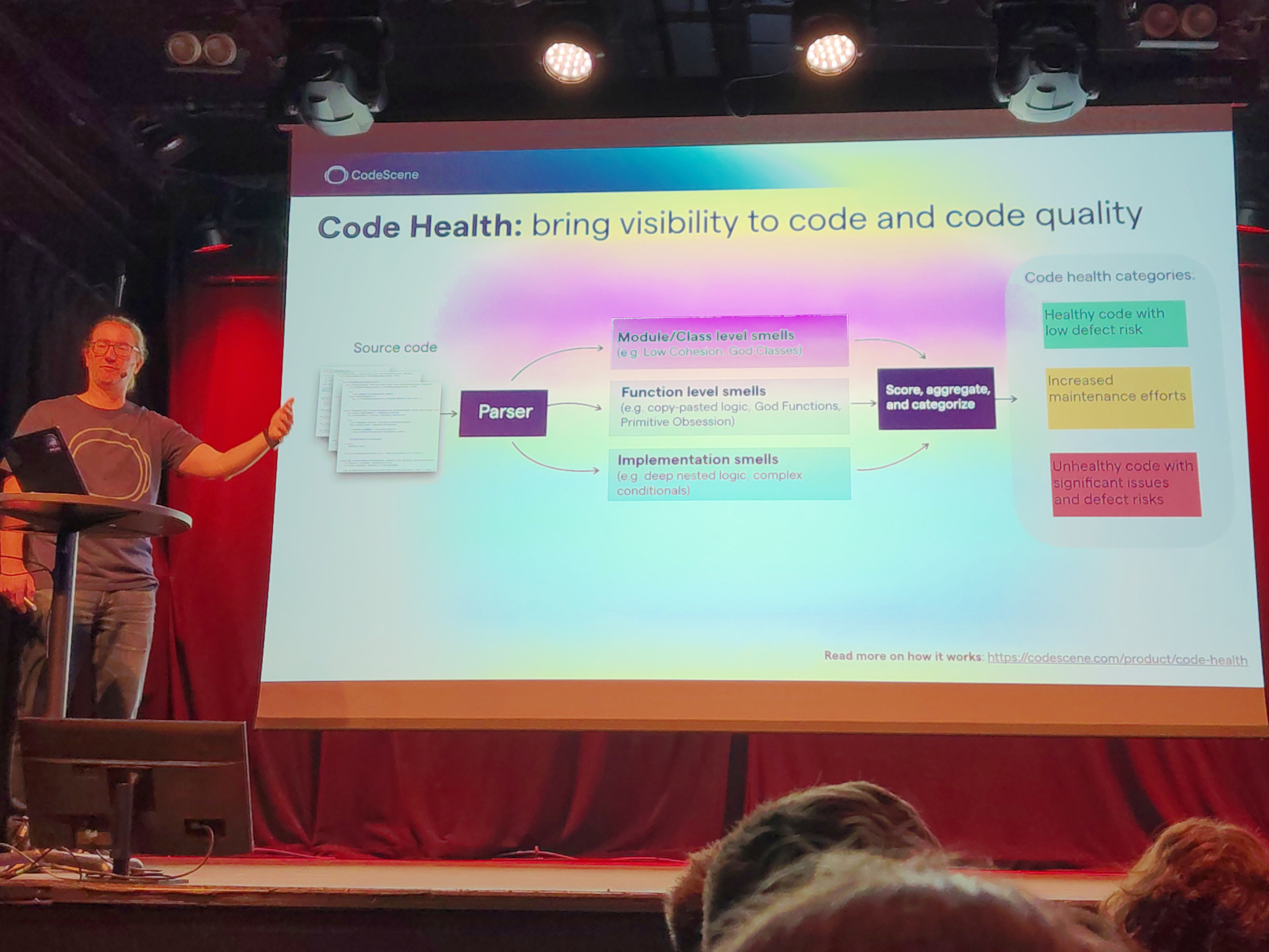 Adam presents a slide labelled "Code Health: bring visibility to code and code quality"