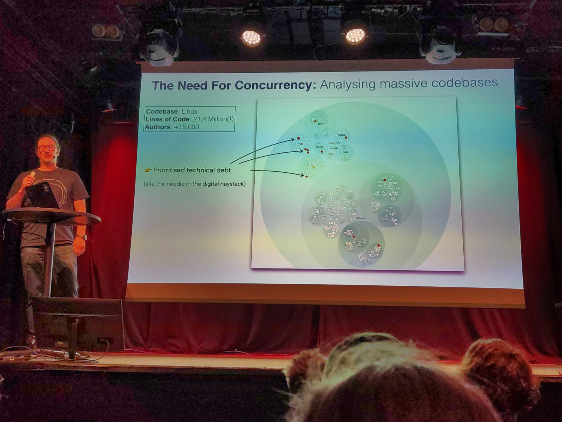Adam presents a slide labelled "The Need For Concurrency: Analysing massive codebases"