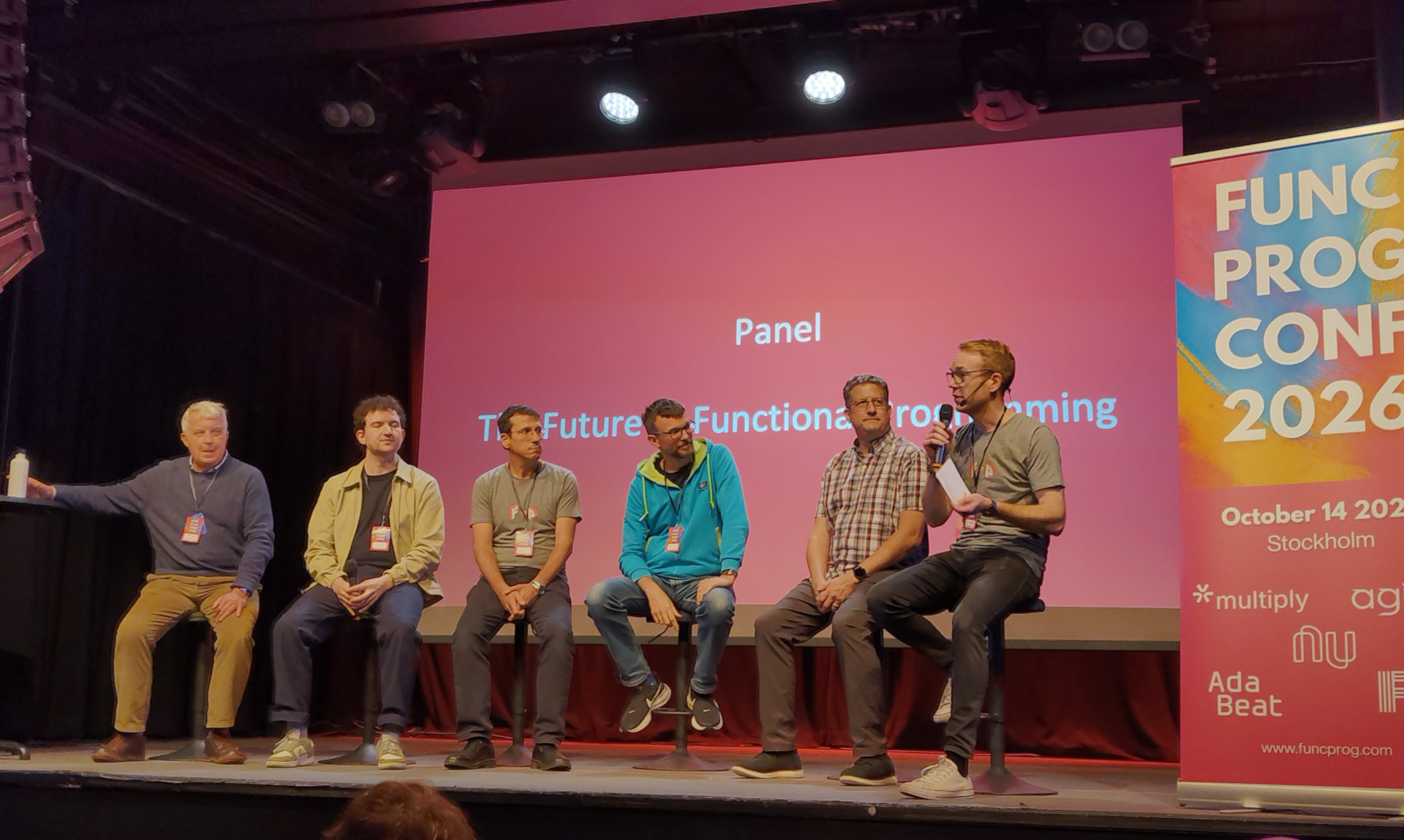 Onstage from left to right: Giuseppe Castagna, Guillaume Duboc, Eric Torreborre, Adam Warski, Christoph Neumann, and Christoffer Ekeroth