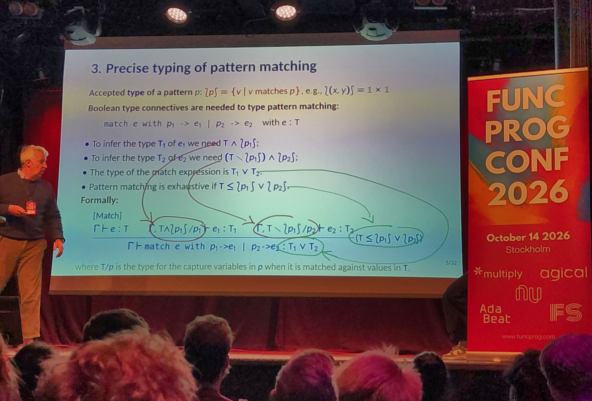 Giuseppe presents a slide labelled "Precise typing of pattern matching"