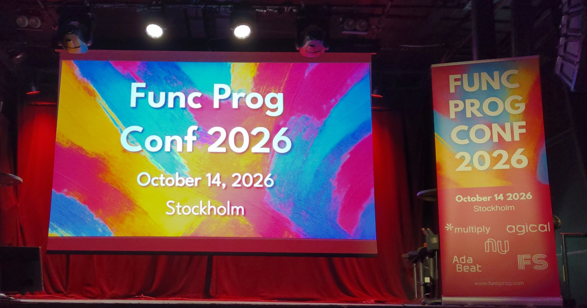 Func Prog Conf 2026 logo projected onto an empty stage