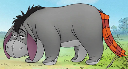 Eeyore the donkey, as rendered by Disney, looks sadly at the
camera